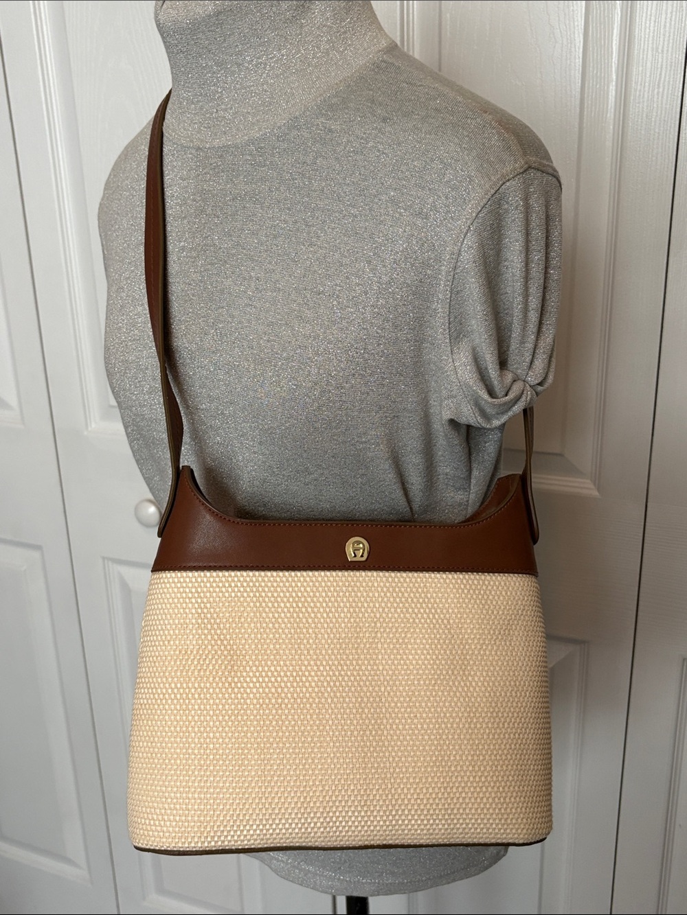 Etienne Aigner Cream Woven Structured Shoulder Bag with Brown Faux Leather Trim